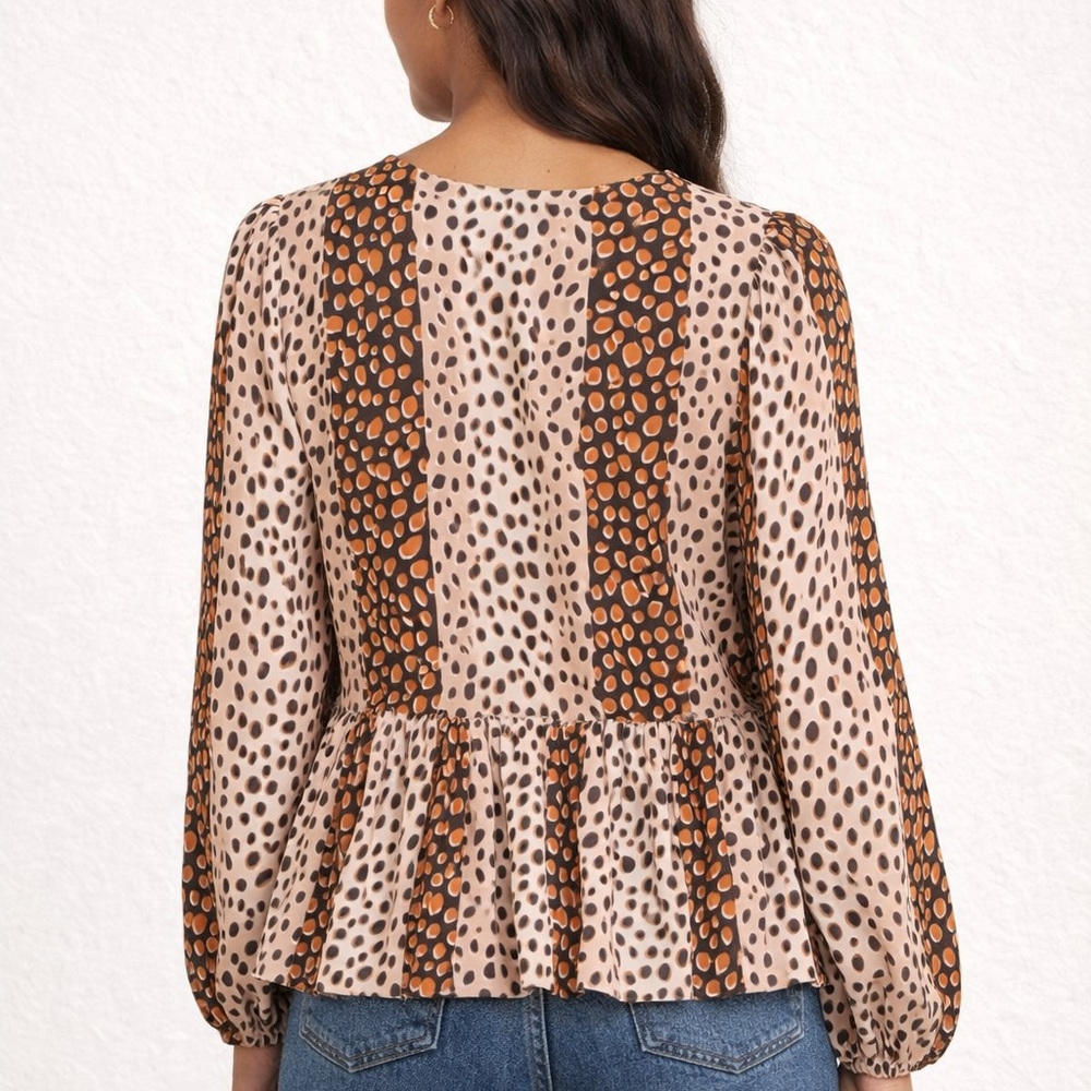 ANDREE BY UNIT - Beige and Orange Printed Peplum Blouse - Picture 2 of 6